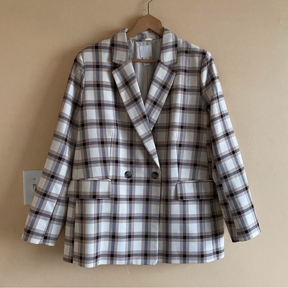 H&M Double Breasted Blazer Woman Large Plaid Boxy Oversized Lined Preppy Office - Picture 2 of 15